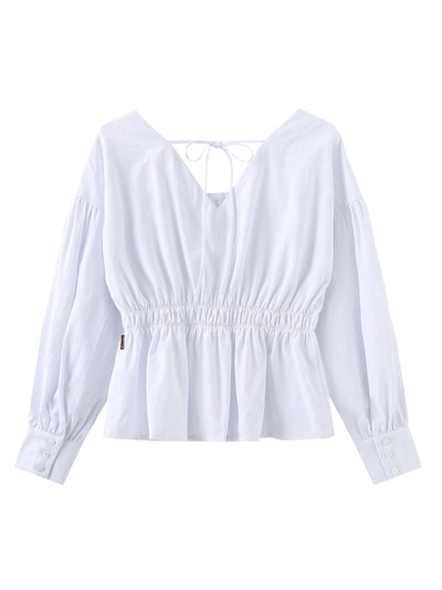 Tanya Square Neck Ribbon Blouse - DAG-DD9615-22MochiIvoryF - Marshmallow White - F - D'ZAGE Designs