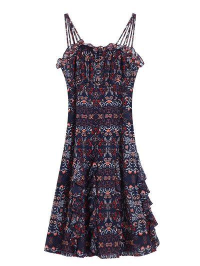 A-Line Ruffle Midi Dress PRINT - DAG-DD7839-21NavyredS - Blue Red White Print - S - D'ZAGE Designs
