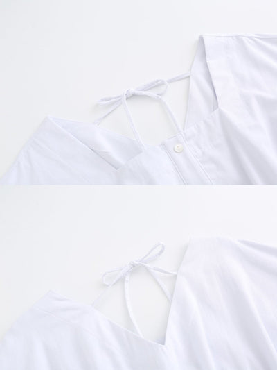 Tanya Square Neck Ribbon Blouse - DAG-DD9615-22MochiIvoryF - Marshmallow White - F - D'ZAGE Designs