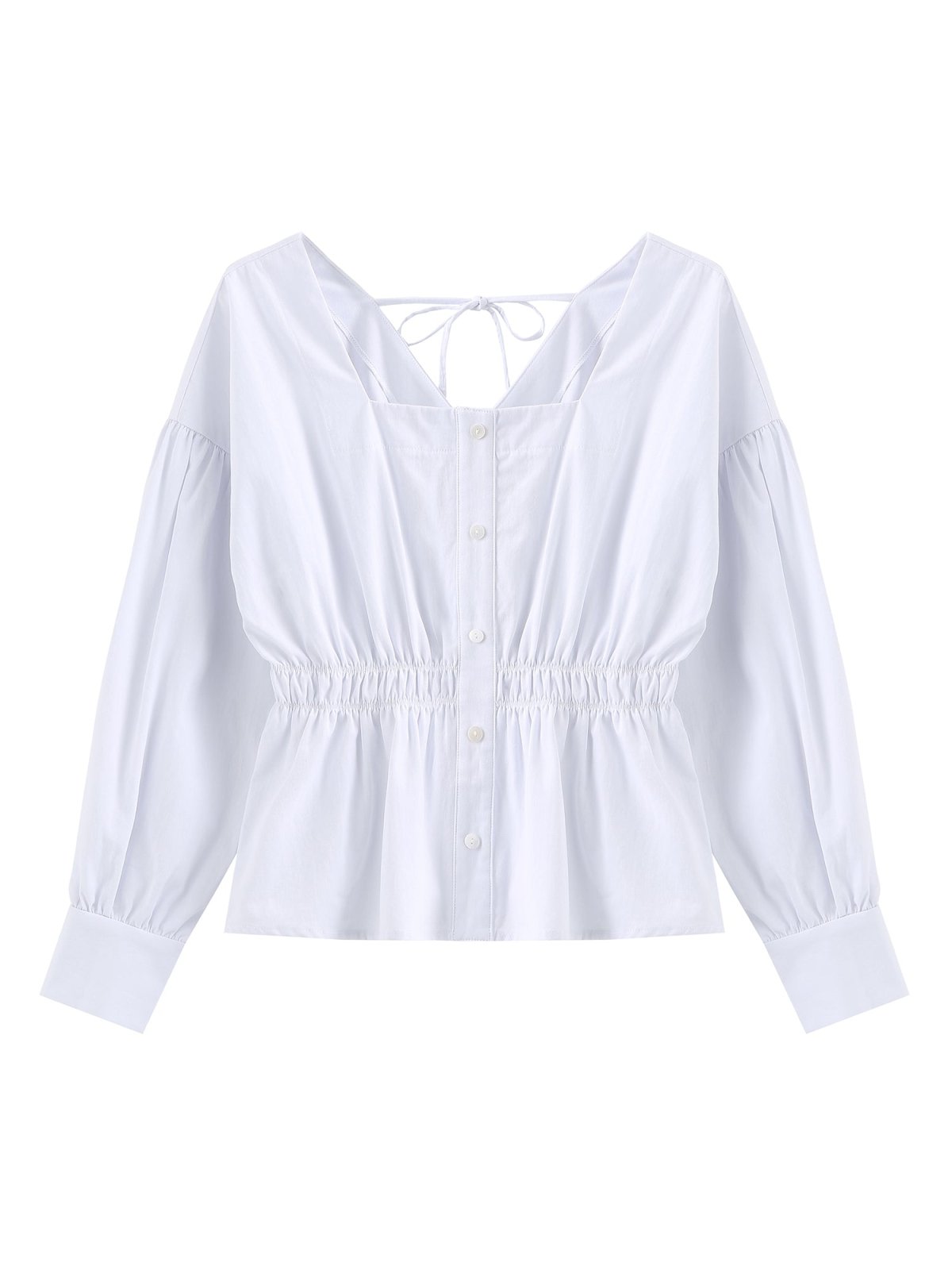 Tanya Square Neck Ribbon Blouse - DAG-DD9615-22MochiIvoryF - Marshmallow White - F - D'ZAGE Designs
