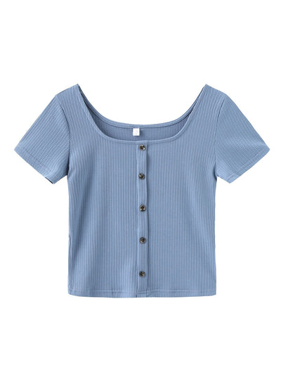 Erin Square Neck Button Front Top - DAG-8-9594-22SlateF - Baby Blue - F - D'ZAGE Designs