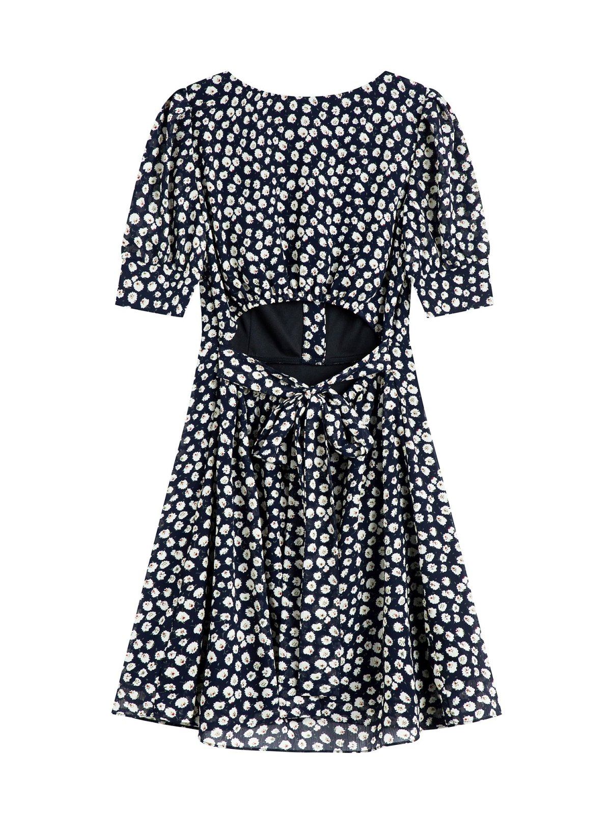 Floral Print Cut Out Back Dress - DAG-DD7842-21WhiteflowerswithbluebackgroundS - Navy White Floral - S - D'ZAGE Designs