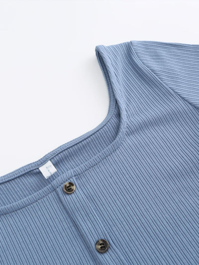 Erin Square Neck Button Front Top - DAG-8-9594-22SlateF - Baby Blue - F - D'ZAGE Designs