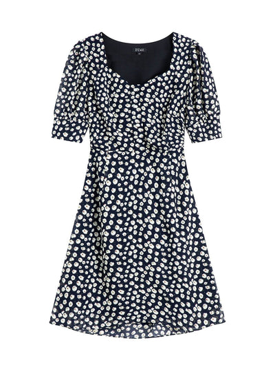 Floral Print Cut Out Back Dress - DAG-DD7842-21WhiteflowerswithbluebackgroundS - Navy White Floral - S - D'ZAGE Designs