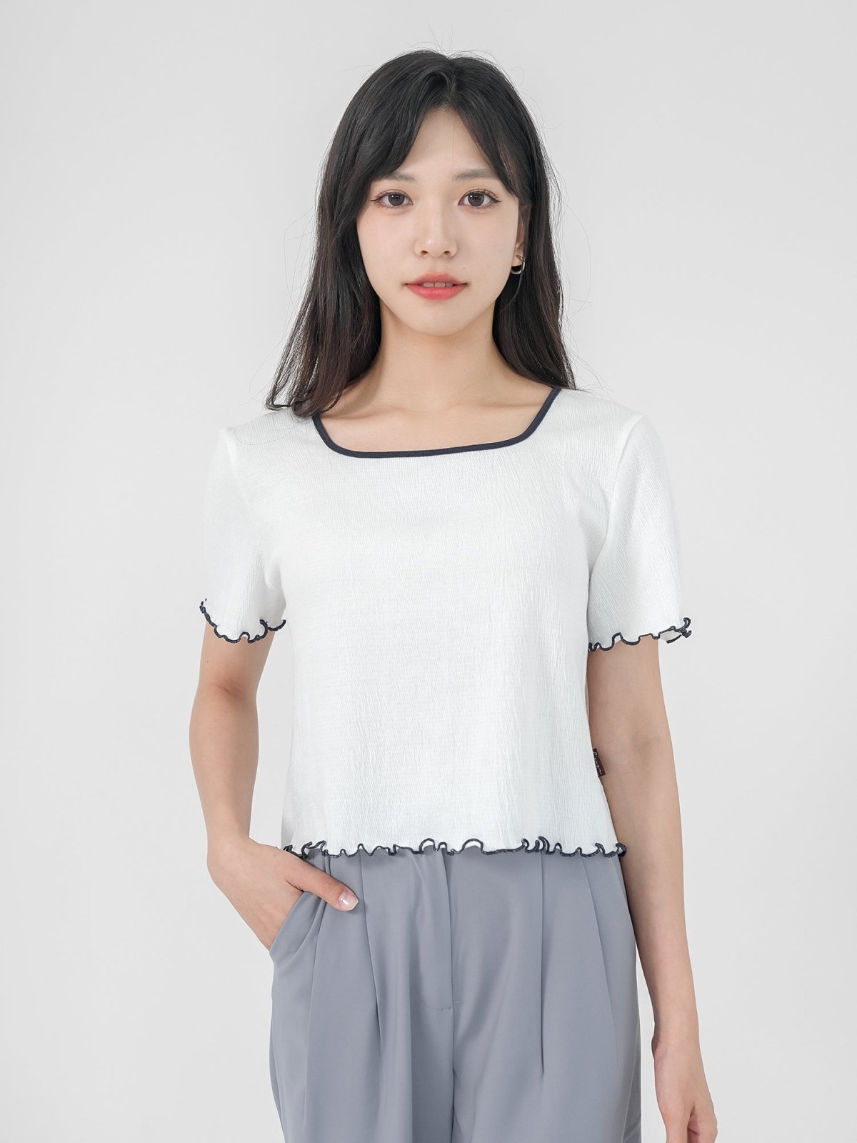 Rena Square Neck Contrast Hem Top - DAG-DD0841-23IvoryS - Ivory - S - D'ZAGE Designs