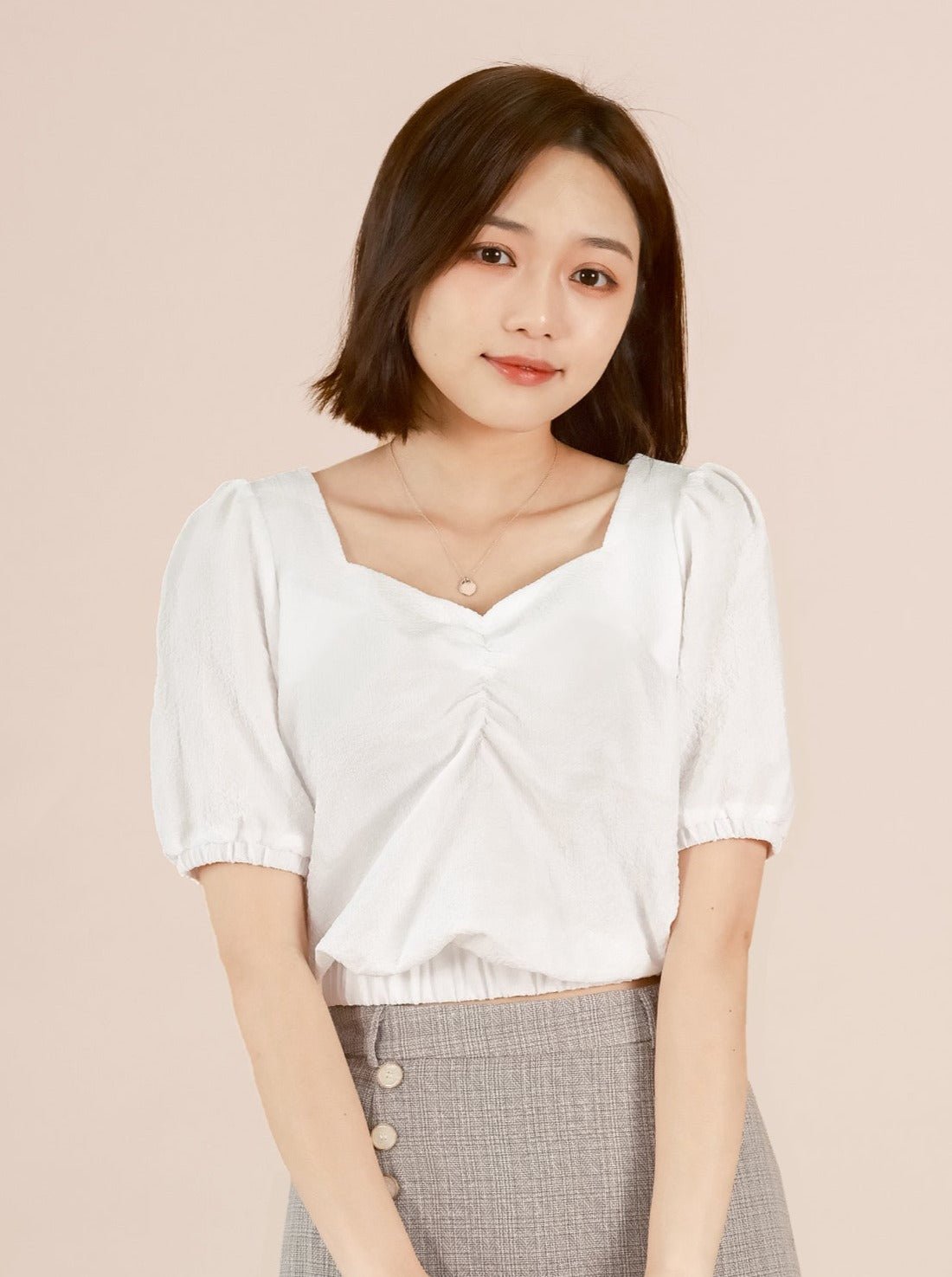 Front Gathered Top IVORY - DAG-DD8661-21WhiteS - Mochi Ivory - F - D'ZAGE Designs