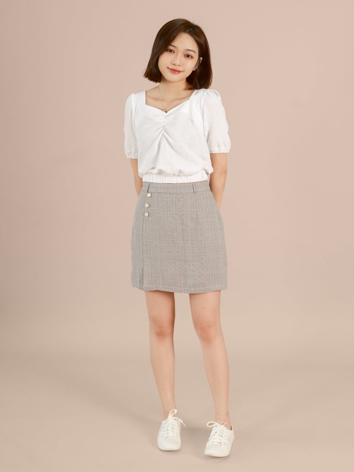 Button-embellished Tweed Skirt - DAG-DD8727-21LimestoneS - Gray - S - D'ZAGE Designs