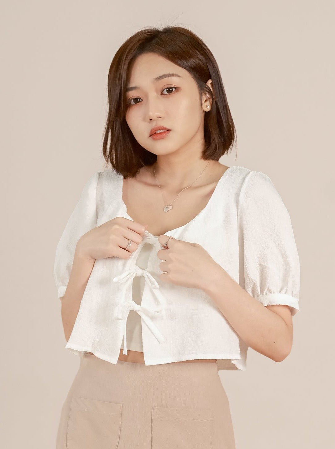 Cropped Tie-front Top - DAG-DD8730-21WhiteS - Mochi Ivory - S - D'ZAGE Designs