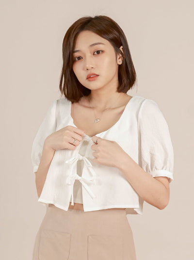 Cropped Tie-front Top - DAG-DD8730-21WhiteS - Mochi Ivory - S - D'ZAGE Designs