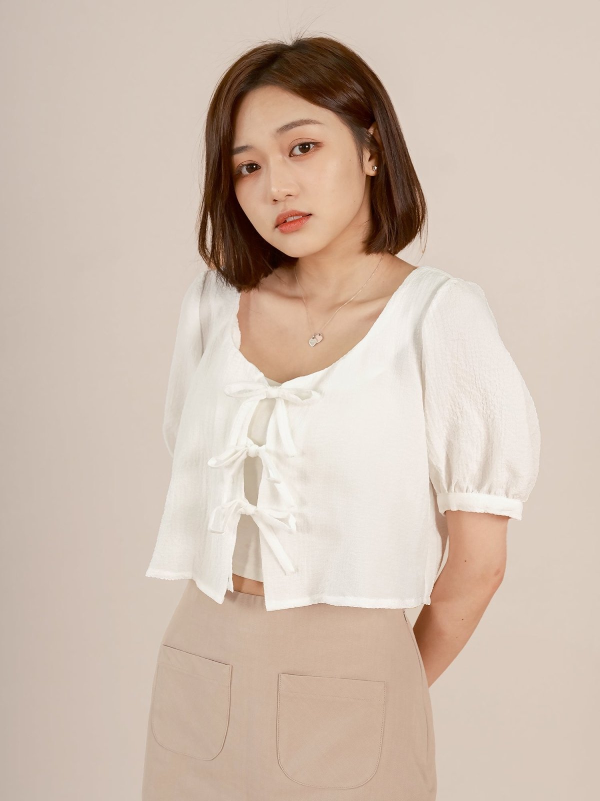 Cropped Tie-front Top - DAG-DD8730-21WhiteS - Mochi Ivory - S - D'ZAGE Designs
