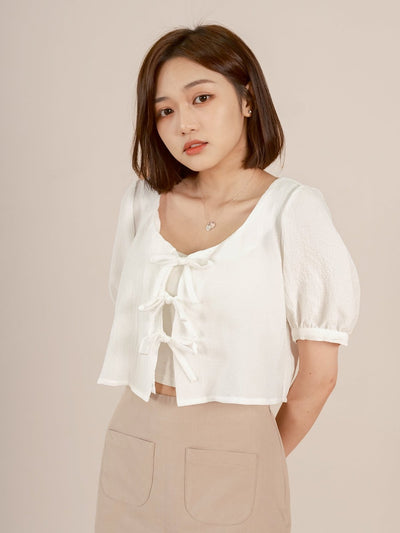 Cropped Tie-front Top - DAG-DD8730-21WhiteS - Mochi Ivory - S - D'ZAGE Designs