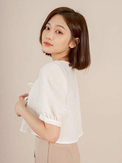 Cropped Tie-front Top - DAG-DD8730-21WhiteS - Mochi Ivory - S - D'ZAGE Designs