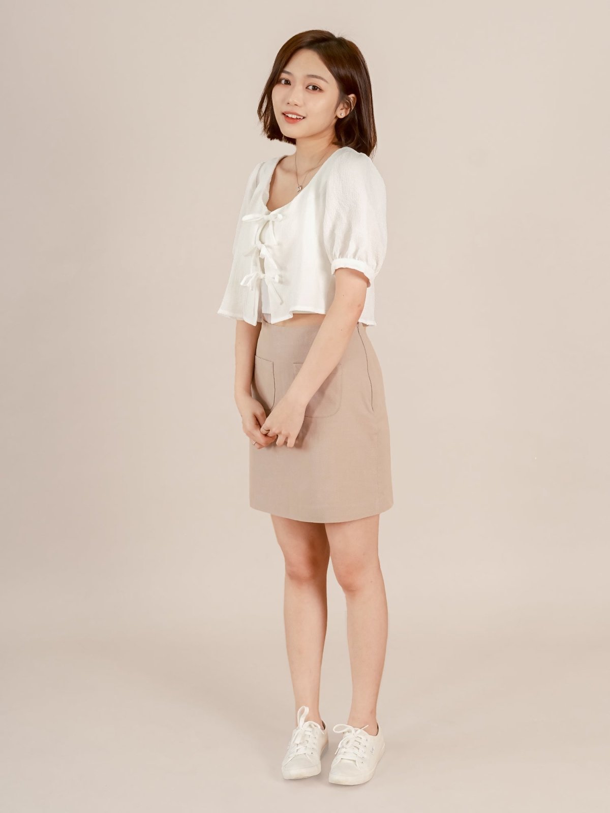 Cropped Tie-front Top - DAG-DD8730-21WhiteS - Mochi Ivory - S - D'ZAGE Designs