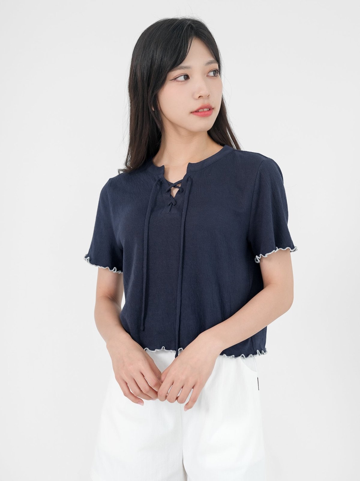 Linalette Lace Up Lettuce Hem Top - DAG-DD0829-23NavyS - Navy Blue - S - D'ZAGE Designs