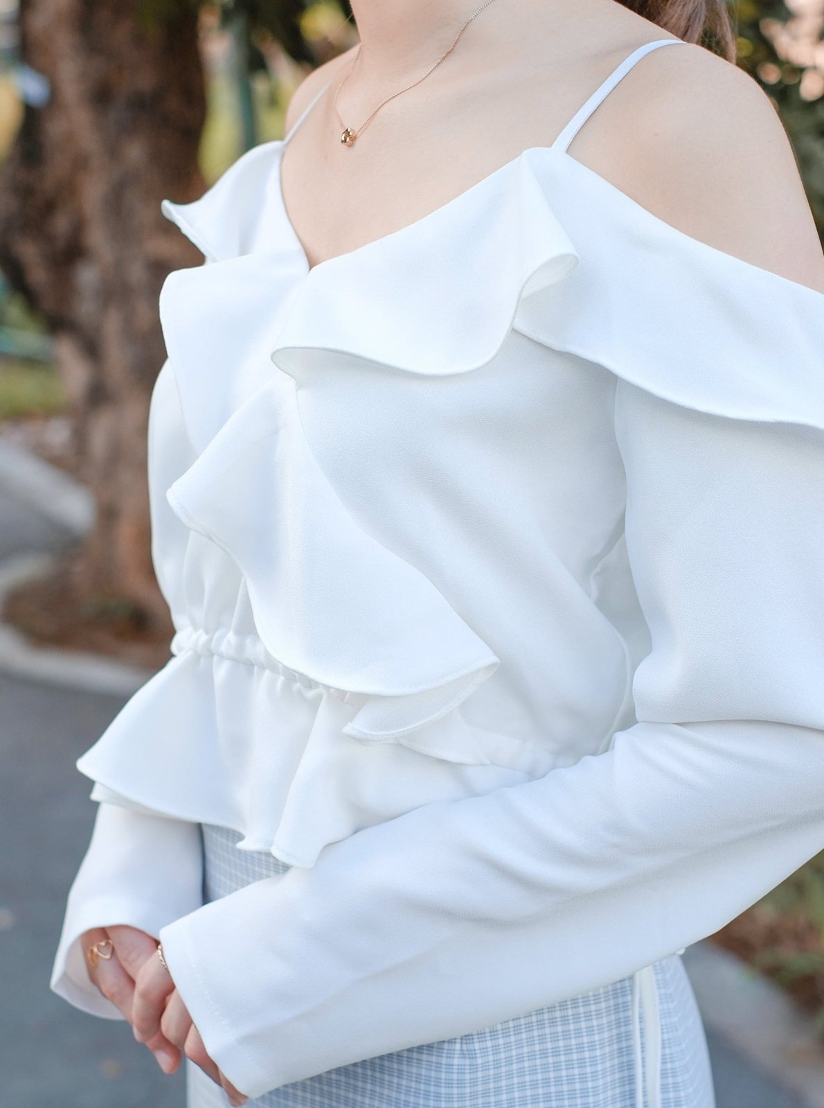 Cold Shoulder Blouse WHITE - DAG-DD7837-21IvoryS - Marshmallow White - S - D'ZAGE Designs