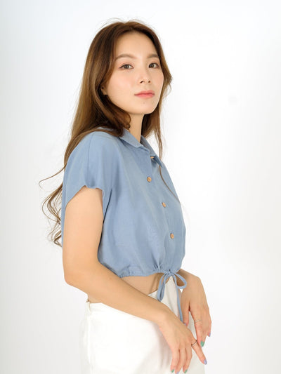 Lily Tie Waist Crop Shirt - DAG-DD9466-22BabyBlueF - Baby Blue - F - D'ZAGE Designs