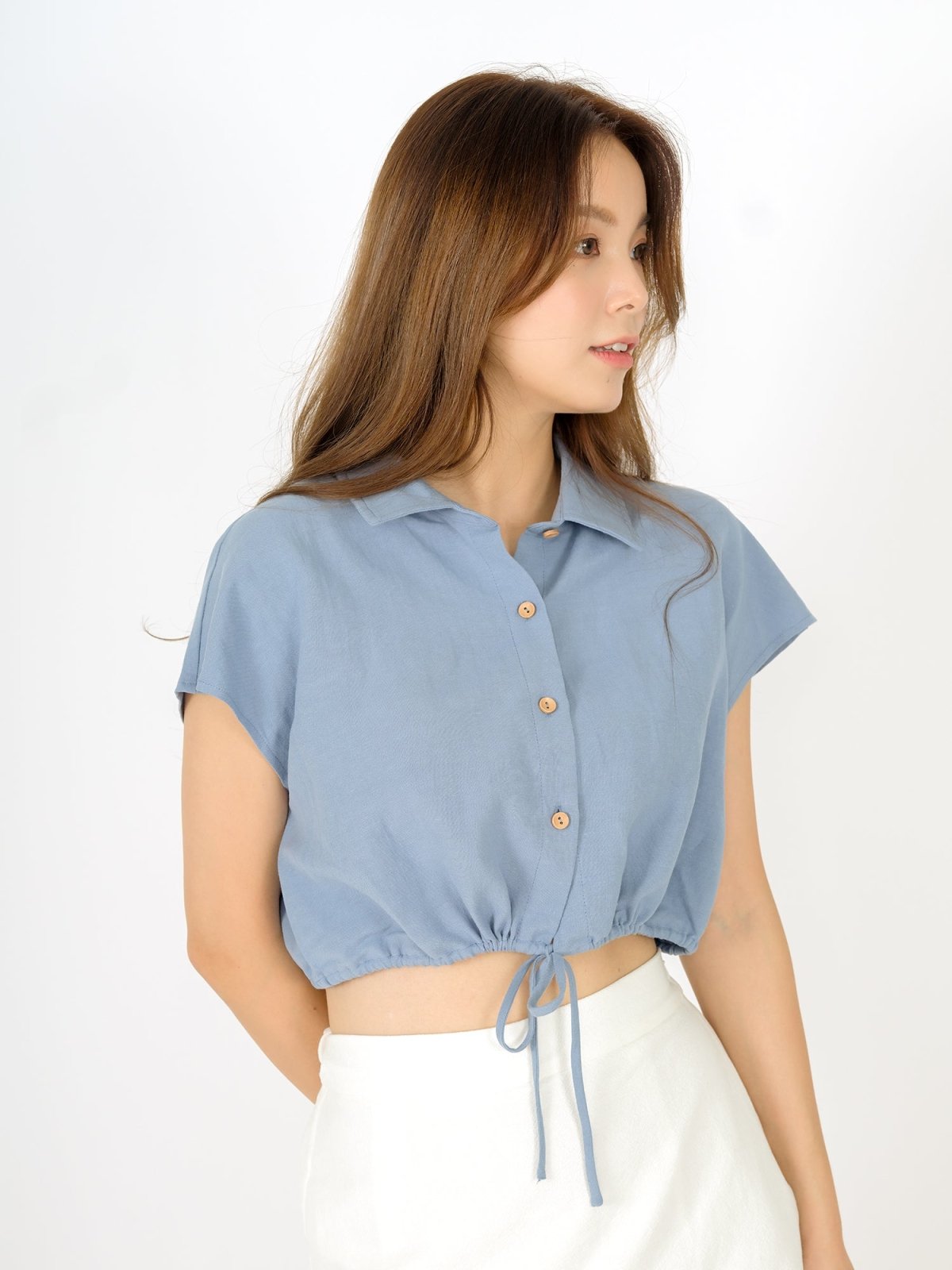 Lily Tie Waist Crop Shirt - DAG-DD9466-22BabyBlueF - Baby Blue - F - D'ZAGE Designs