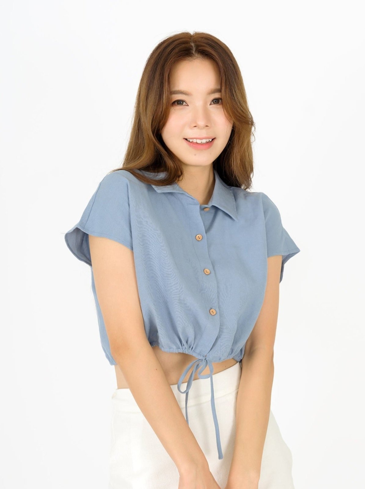Lily Tie Waist Crop Shirt - DAG-DD9466-22BabyBlueF - Baby Blue - F - D'ZAGE Designs