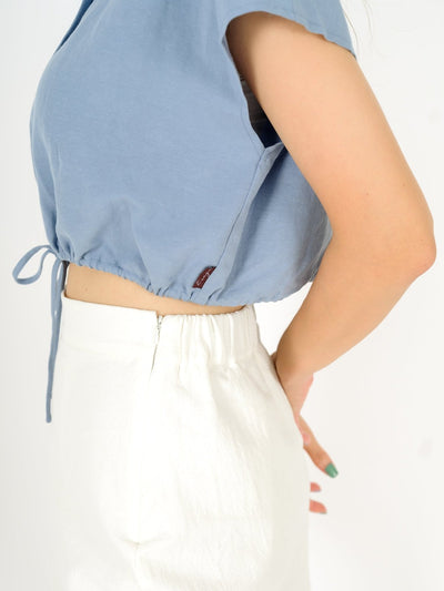 Lily Tie Waist Crop Shirt - DAG-DD9466-22BabyBlueF - Baby Blue - F - D'ZAGE Designs