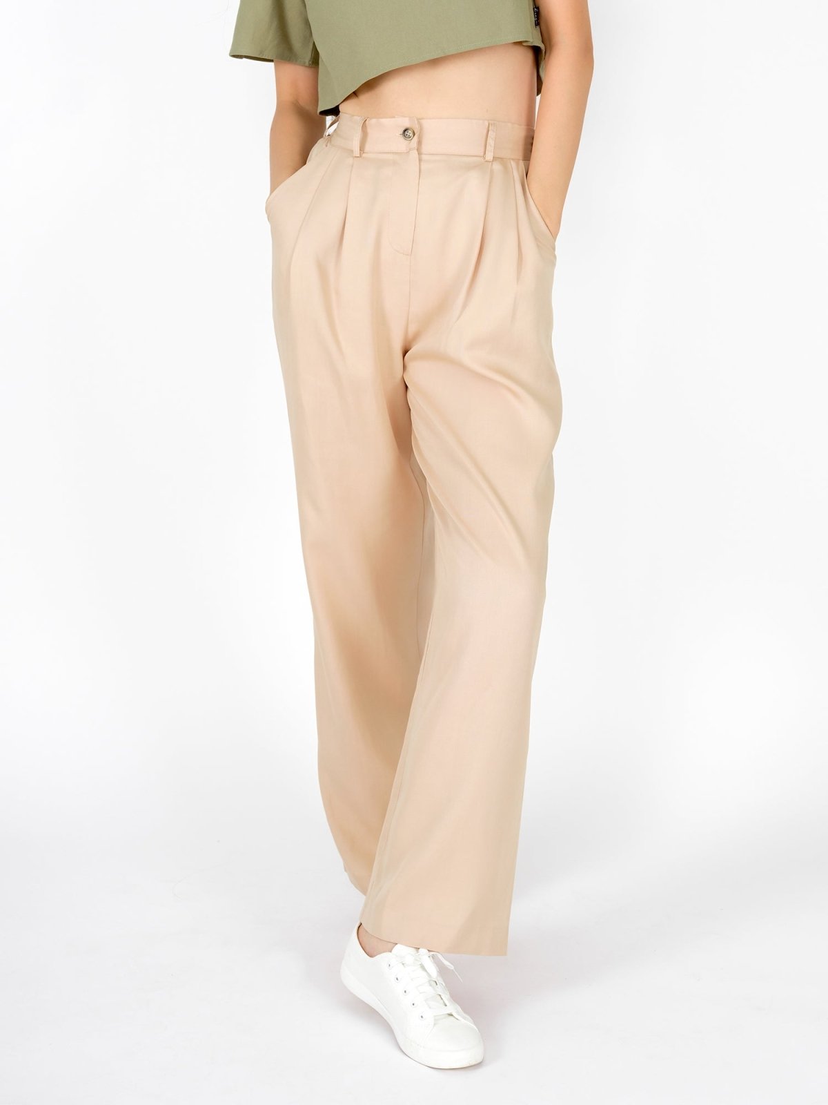 High Rise Wide-Leg Trousers - DAG-DD8516-21AlmondS - S - Almond Cream - D'ZAGE Designs