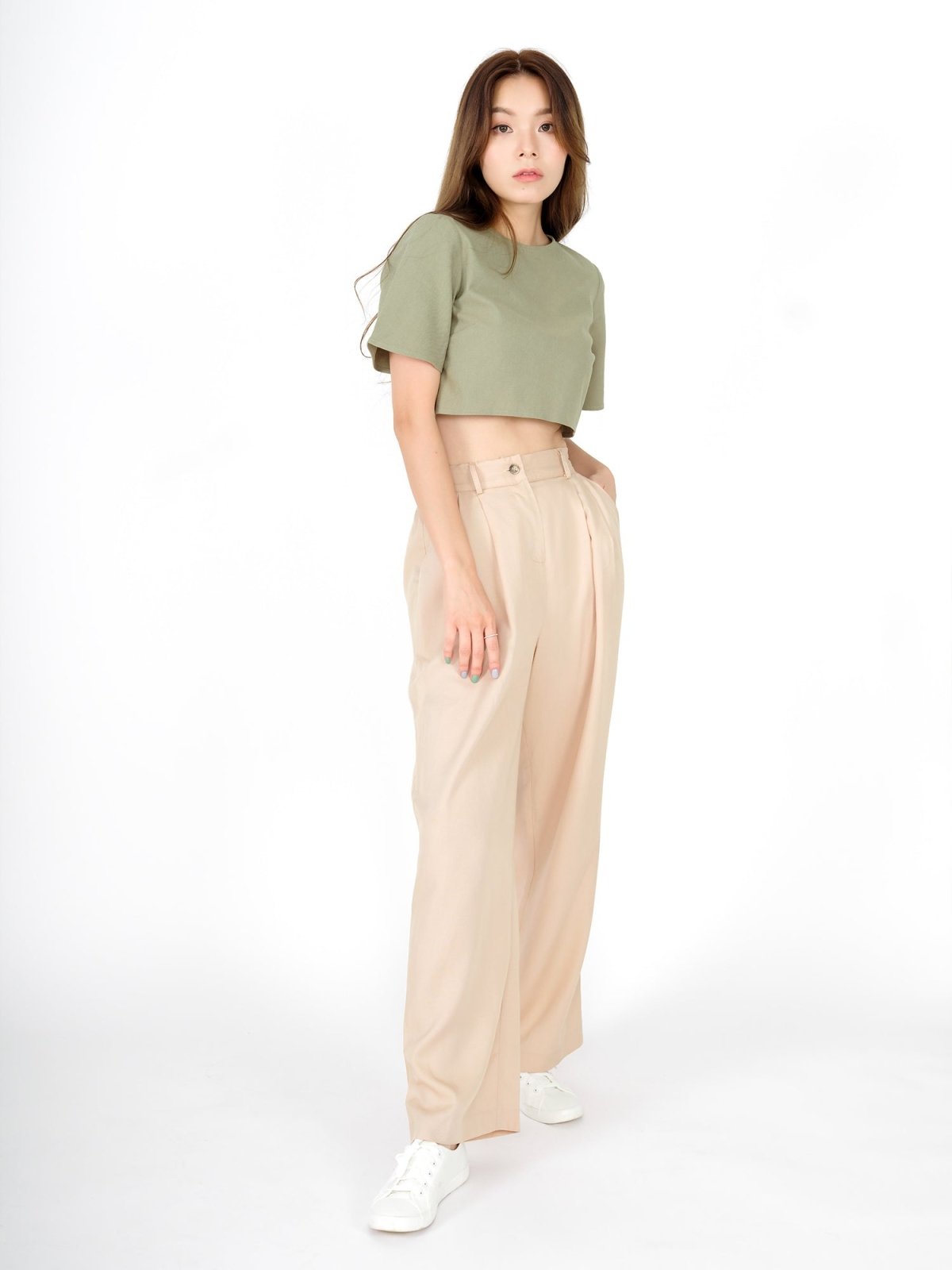 High Rise Wide-Leg Trousers - DAG-DD8516-21AlmondS - S - Almond Cream - D'ZAGE Designs