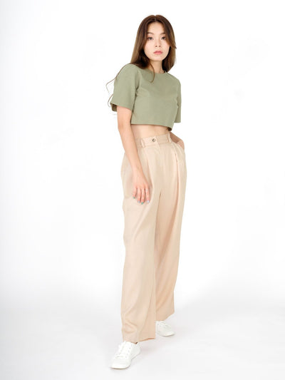 High Rise Wide-Leg Trousers - DAG-DD8516-21AlmondS - S - Almond Cream - D'ZAGE Designs