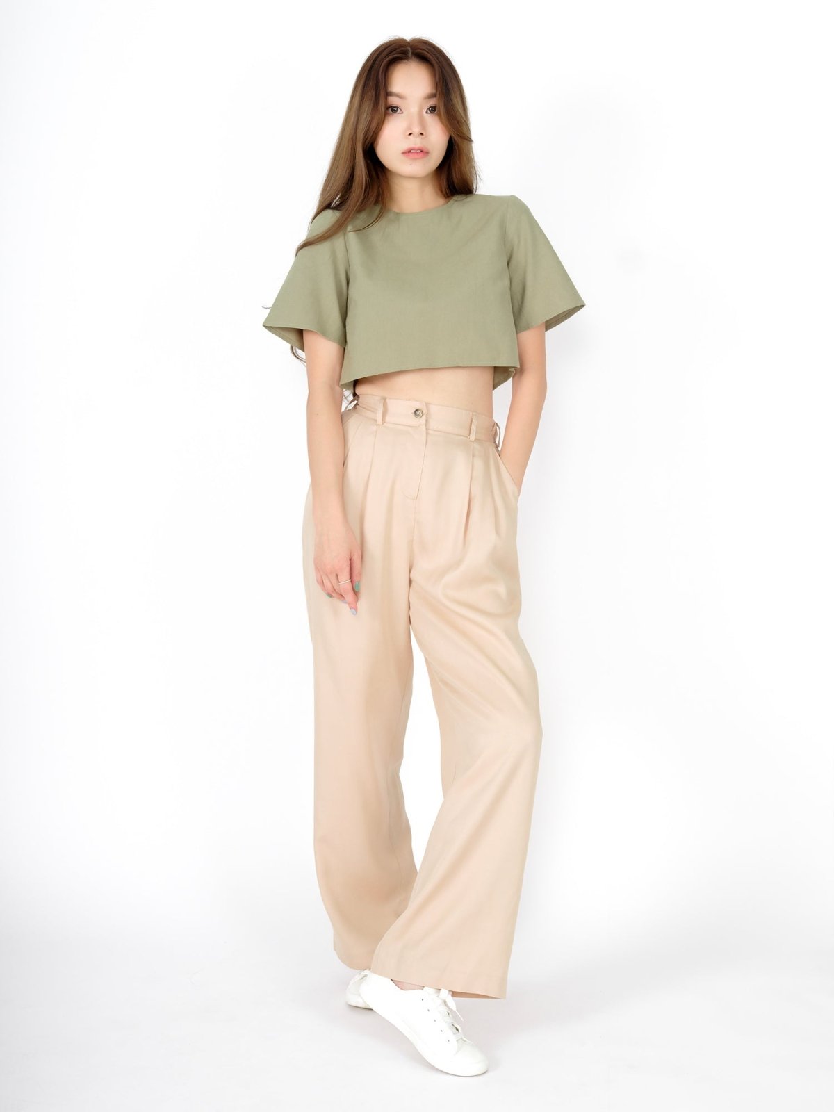High Rise Wide-Leg Trousers - DAG-DD8516-21AlmondS - S - Almond Cream - D'ZAGE Designs