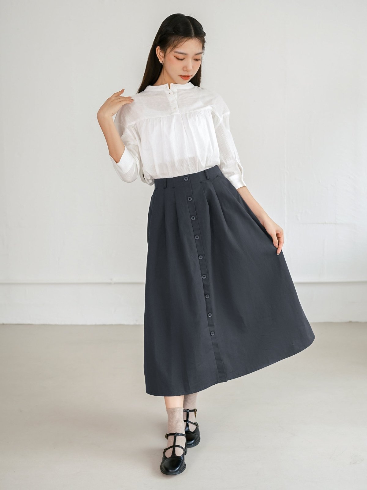Bess Button Detail Midi Skirt - DAG-G-220090NavyS - Navy Blue - S - D'ZAGE Designs