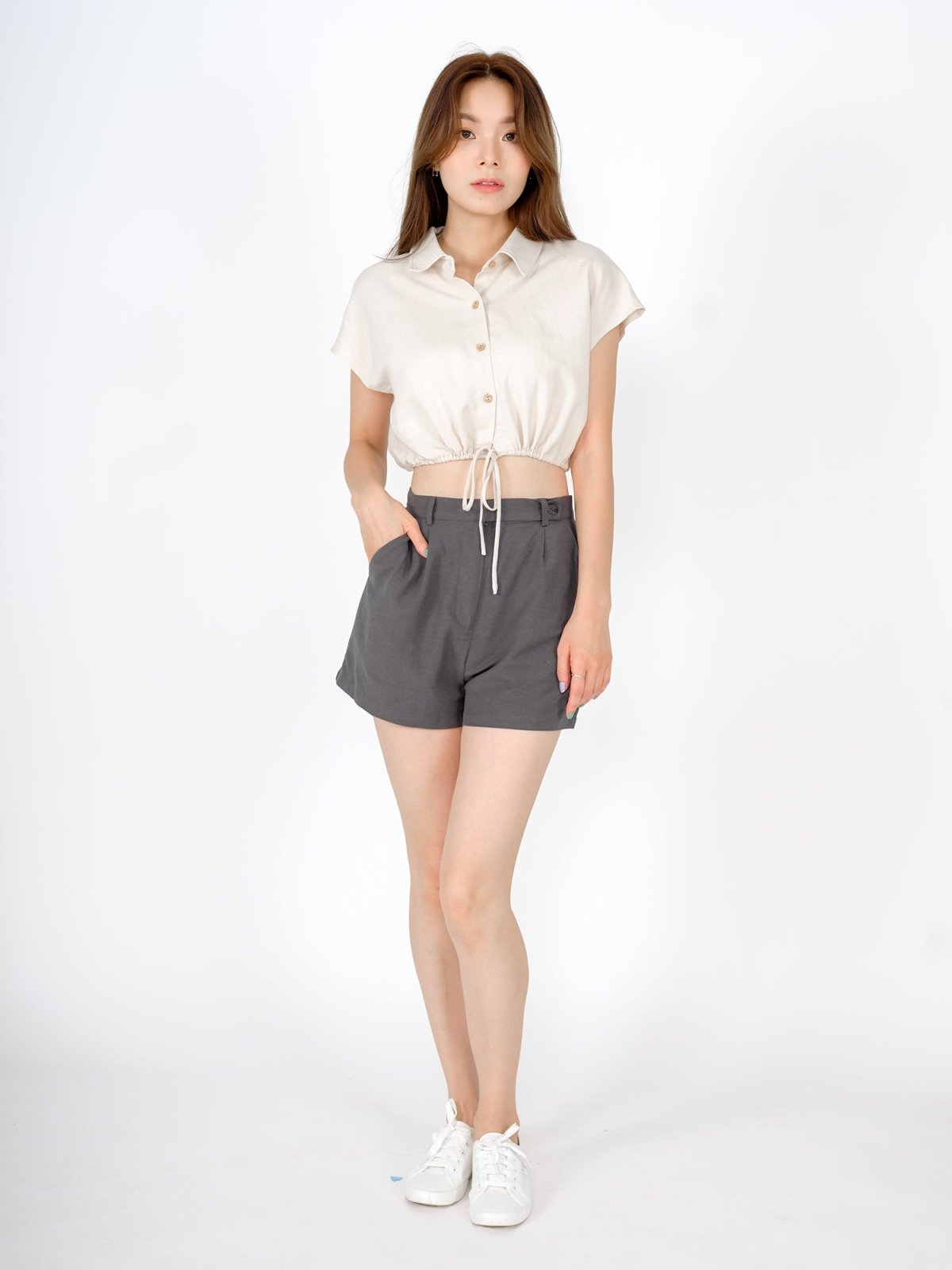 Lily Tie Waist Crop Shirt - DAG-DD9466-22AlmondCreamF - Almond Cream - F - D'ZAGE Designs