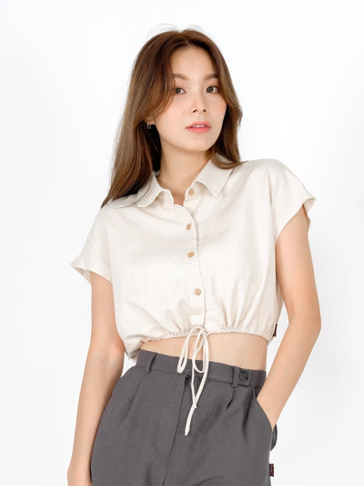 Lily Tie Waist Crop Shirt - DAG-DD9466-22AlmondCreamF - Almond Cream - F - D'ZAGE Designs