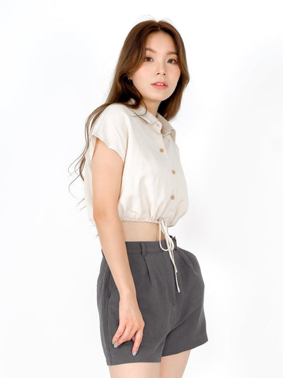Lily Tie Waist Crop Shirt - DAG-DD9466-22AlmondCreamF - Almond Cream - F - D'ZAGE Designs
