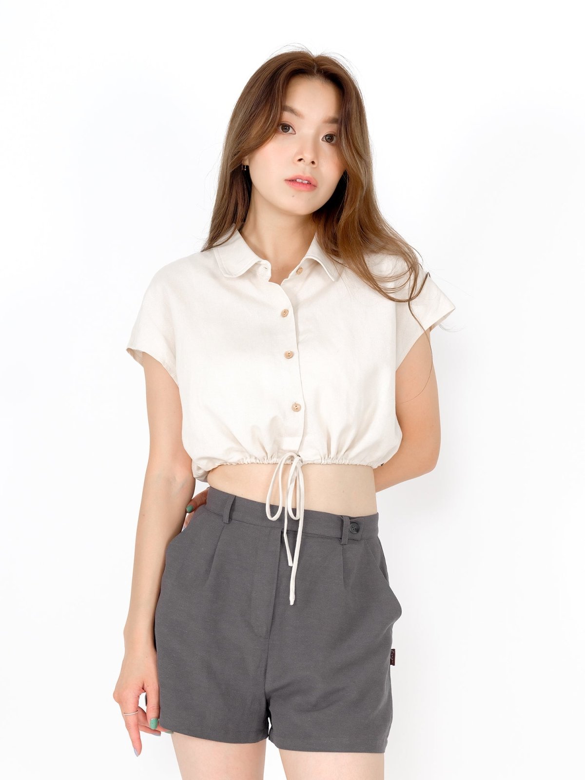 Lily Tie Waist Crop Shirt - DAG-DD9466-22AlmondCreamF - Almond Cream - F - D'ZAGE Designs