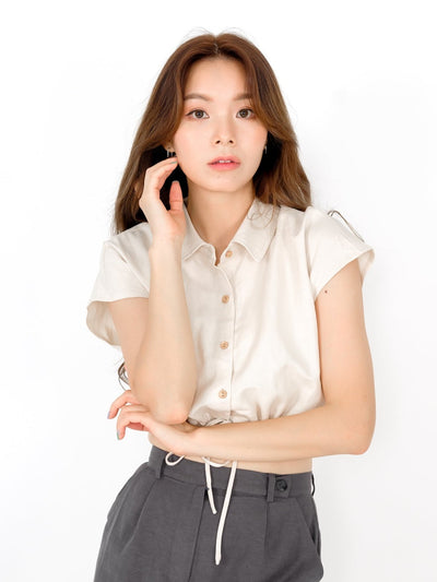 Lily Tie Waist Crop Shirt - DAG-DD9466-22AlmondCreamF - Almond Cream - F - D'ZAGE Designs