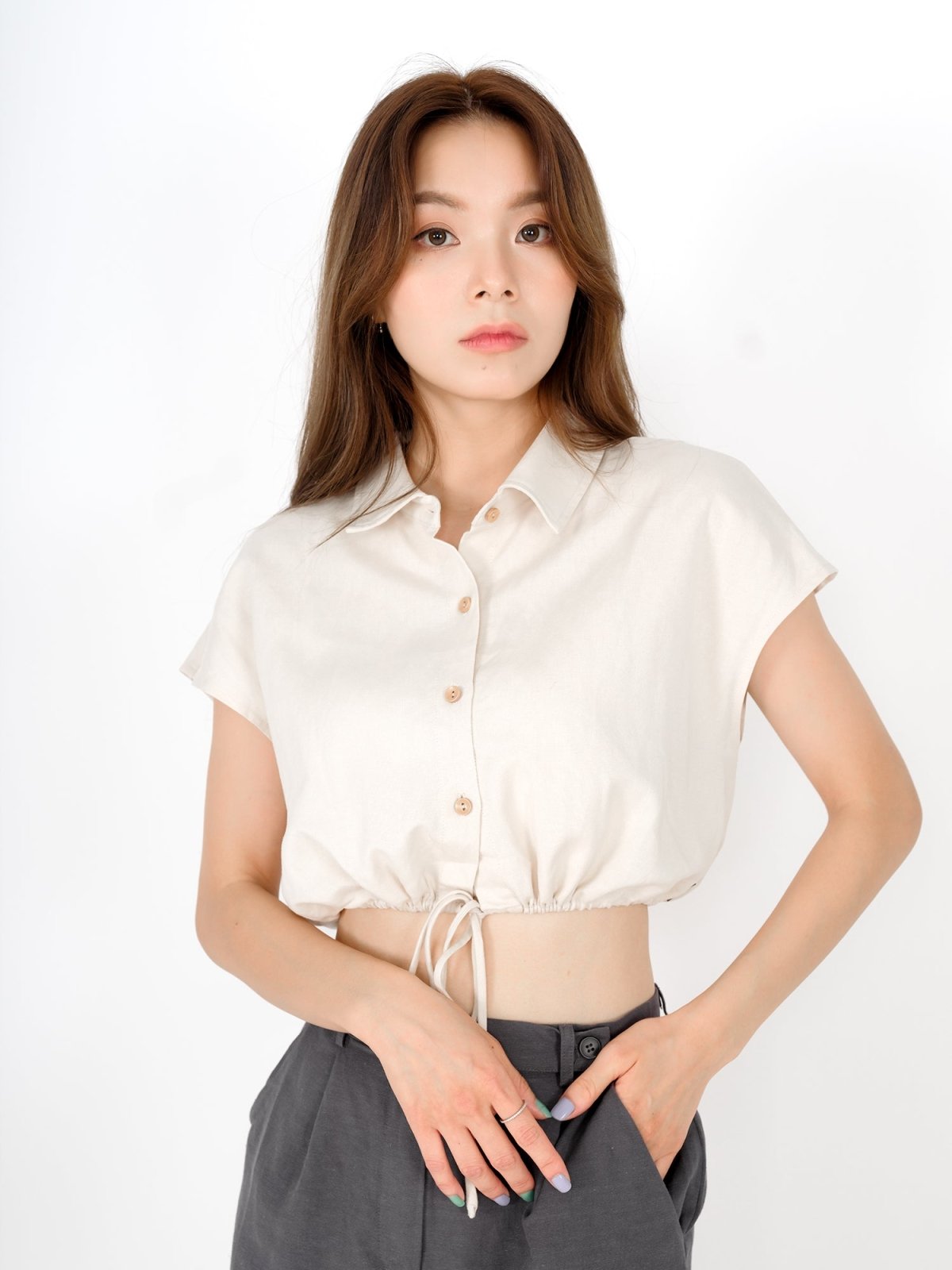 Lily Tie Waist Crop Shirt - DAG-DD9466-22AlmondCreamF - Almond Cream - F - D'ZAGE Designs