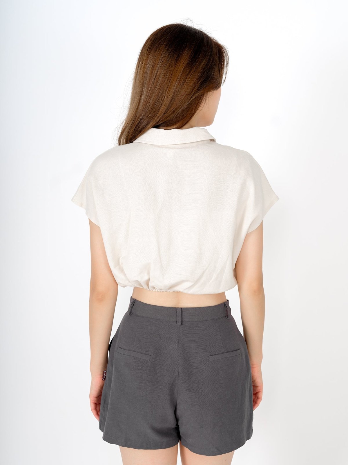 Lily Tie Waist Crop Shirt - DAG-DD9466-22AlmondCreamF - Almond Cream - F - D'ZAGE Designs
