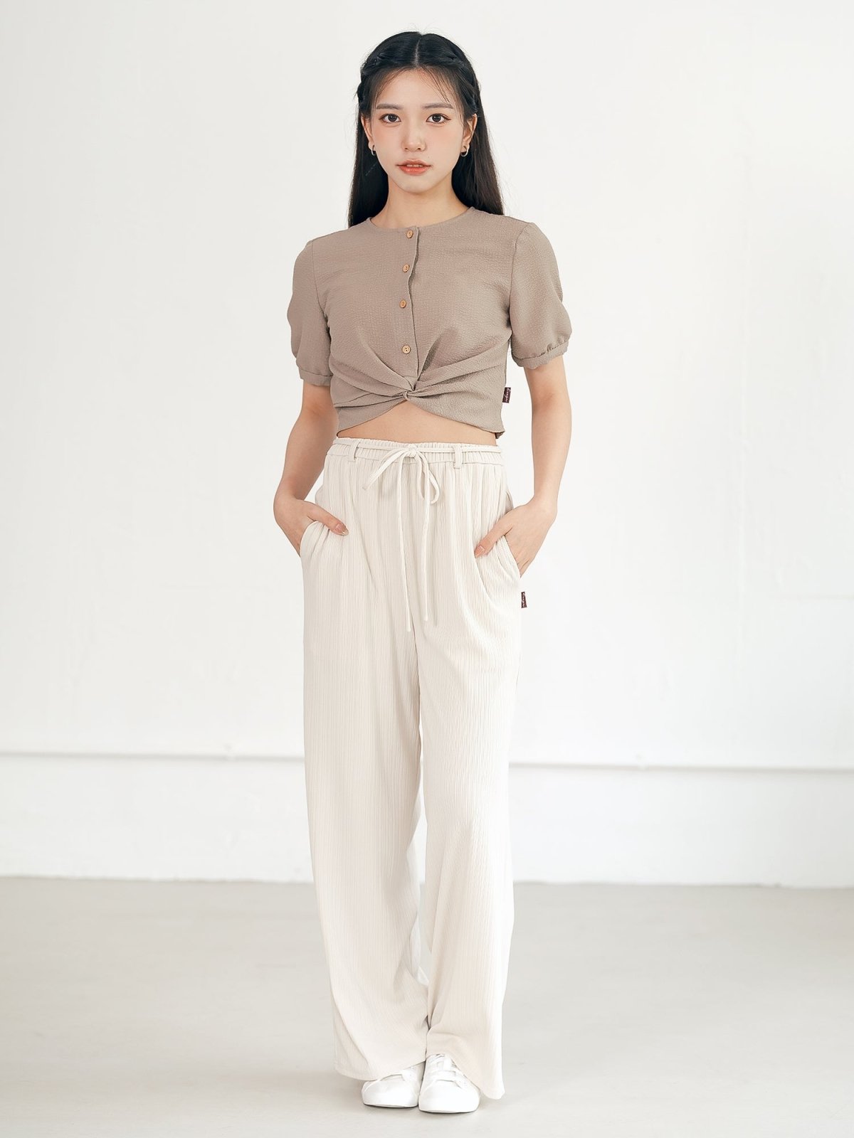 Fion Front Knot Top - DAG-DD0198-23KhakiS - Khaki - S - D'ZAGE Designs