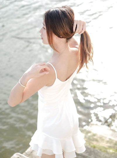 Short V-Neck Frilled Dress IVORY - DAG-DD7866-21IvoryS - Marshmallow White - S - D'ZAGE Designs