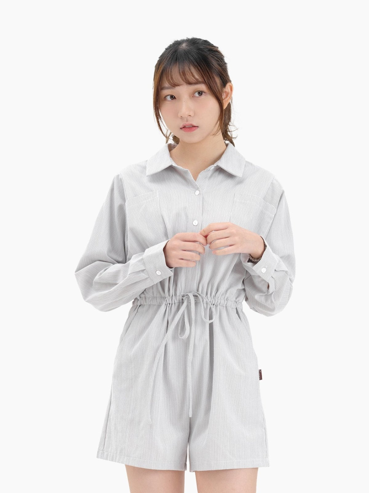 Nina Striped Tie Waist Romper - DAG-DD9618-22GrayStripeS - Gray - S - D'ZAGE Designs