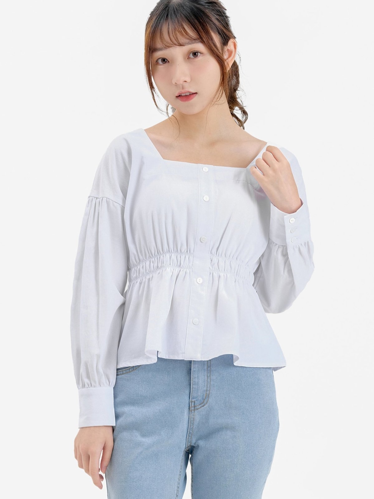 Tanya Square Neck Ribbon Blouse - DAG-DD9615-22MochiIvoryF - Marshmallow White - F - D'ZAGE Designs