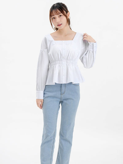 Tanya Square Neck Ribbon Blouse - DAG-DD9615-22MochiIvoryF - Marshmallow White - F - D'ZAGE Designs