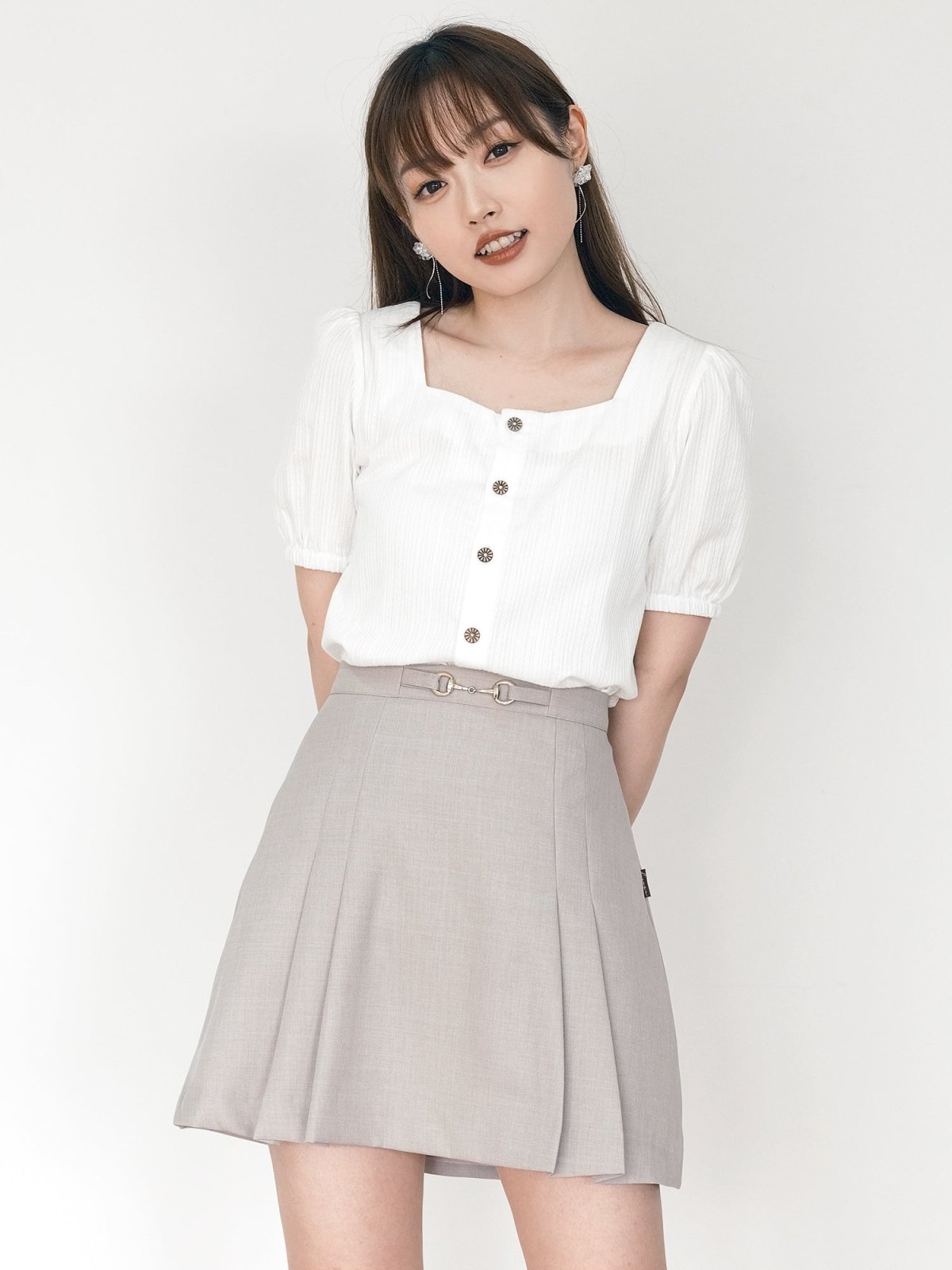Harper Summer Buckle Pleated Skirt - DAG-DD0067-23LightBeigeS - Light Beige - S - D'ZAGE Designs