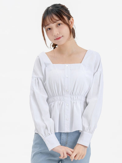 Tanya Square Neck Ribbon Blouse - DAG-DD9615-22MochiIvoryF - Marshmallow White - F - D'ZAGE Designs