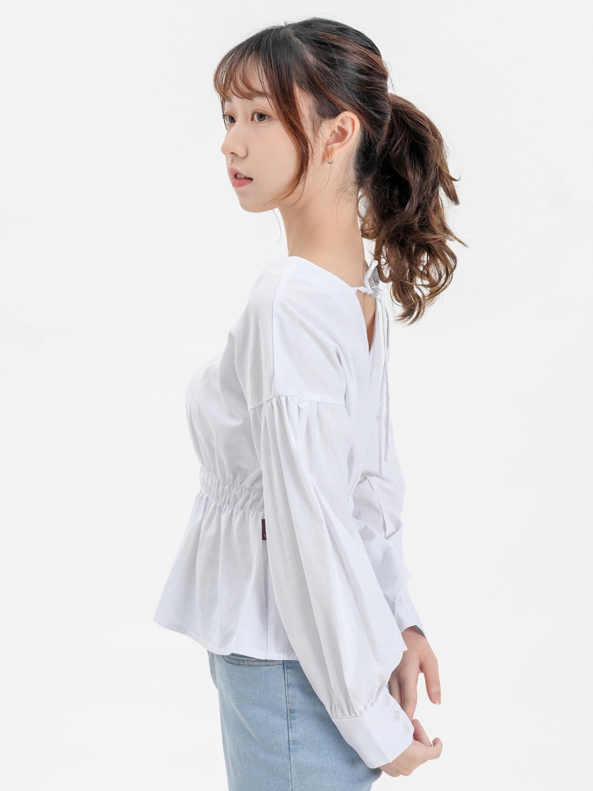 Tanya Square Neck Ribbon Blouse - DAG-DD9615-22MochiIvoryF - Marshmallow White - F - D'ZAGE Designs