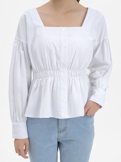 Tanya Square Neck Ribbon Blouse - DAG-DD9615-22MochiIvoryF - Marshmallow White - F - D'ZAGE Designs