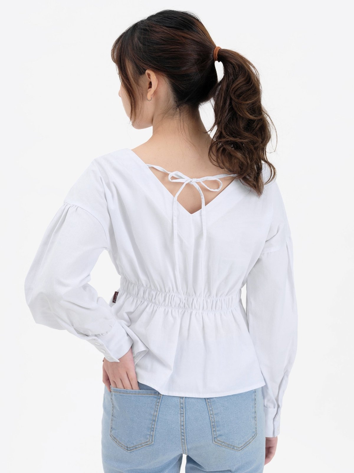 Tanya Square Neck Ribbon Blouse - DAG-DD9615-22MochiIvoryF - Marshmallow White - F - D'ZAGE Designs