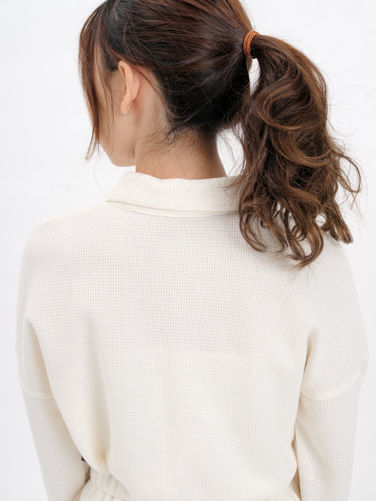 Ingrid Waffle Long Sleeve Polo Top - DAG-DD9613-22SnowF - Almond Cream - F - D'ZAGE Designs
