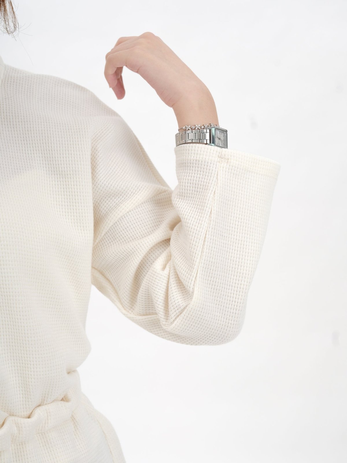Ingrid Waffle Long Sleeve Polo Top - DAG-DD9613-22SnowF - Almond Cream - F - D'ZAGE Designs