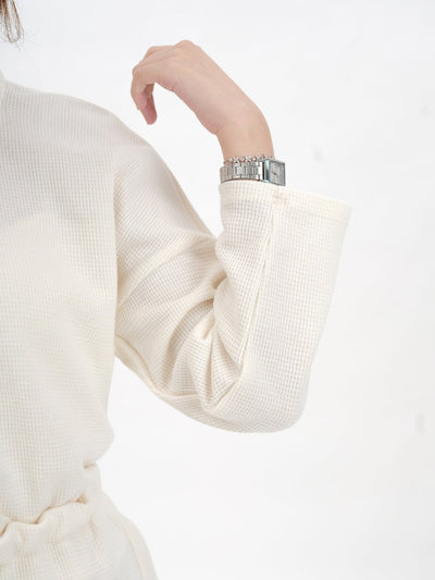 Ingrid Waffle Long Sleeve Polo Top - DAG-DD9613-22SnowF - Almond Cream - F - D'ZAGE Designs