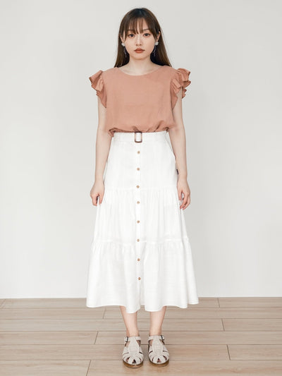 Brooklyn Belted Tiered Midi Skirt - DAG-DD0193-23IvoryF - Mochi Ivory - F - D'ZAGE Designs