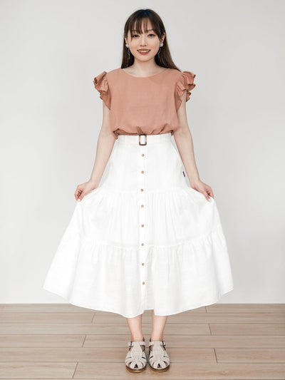 Brooklyn Belted Tiered Midi Skirt - DAG-DD0193-23IvoryF - Mochi Ivory - F - D'ZAGE Designs